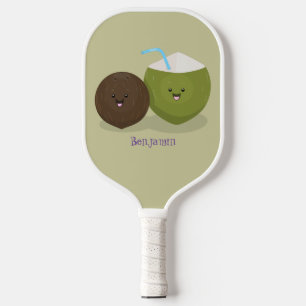 Cute happy kawaii coconuts cartoon illustration pickleball paddle