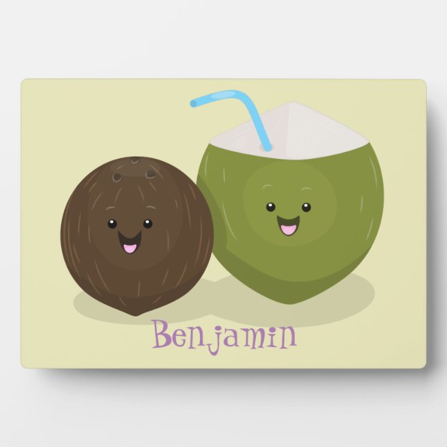 Cute happy kawaii coconuts cartoon illustration plaque (Front)