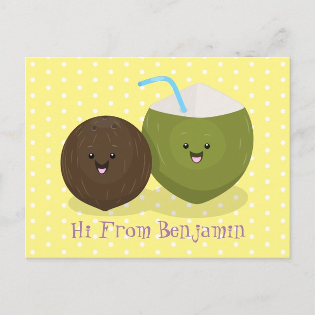 Cute happy kawaii coconuts cartoon illustration postcard (Front)