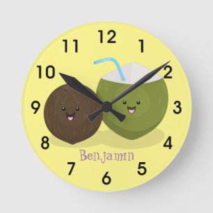 Cute happy kawaii coconuts cartoon illustration round clock