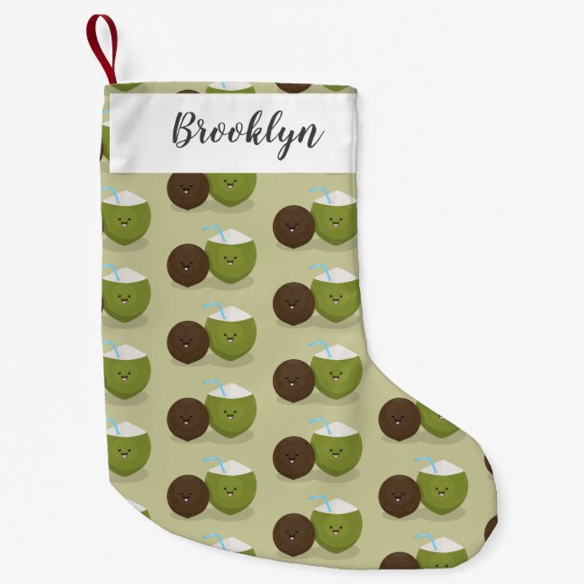 Cute happy kawaii coconuts cartoon illustration  small christmas stocking (Front)