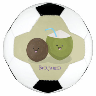 Cute happy kawaii coconuts cartoon illustration soccer ball