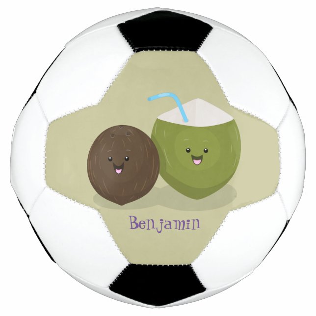 Cute happy kawaii coconuts cartoon illustration soccer ball (Front)