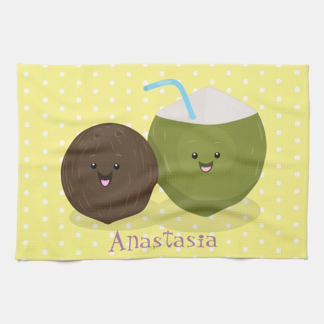 Cute happy kawaii coconuts cartoon illustration tea towel (Horizontal)