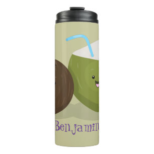Cute happy kawaii coconuts cartoon illustration thermal tumbler