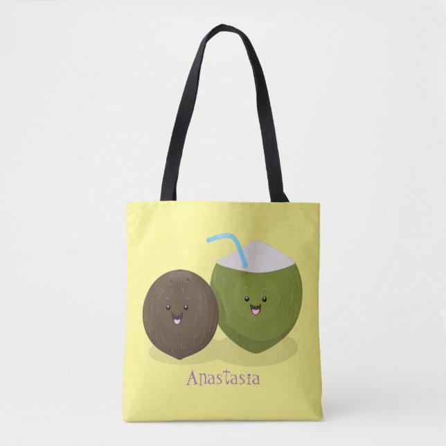 Cute happy kawaii coconuts cartoon illustration tote bag (Front)