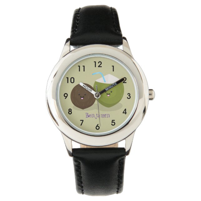 Cute happy kawaii coconuts cartoon illustration watch (Front)
