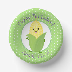 Cute happy kawaii corn cob cartoon illustration paper plate
