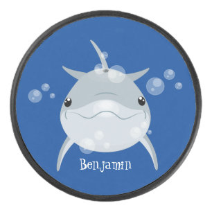 Cute happy kawaii dolphin cartoon hockey puck