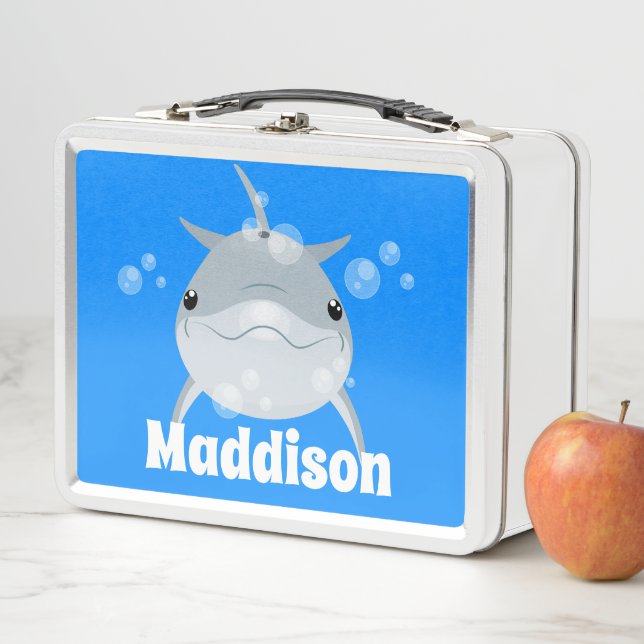 Cute happy kawaii dolphin cartoon illustration metal lunch box (In Situ)