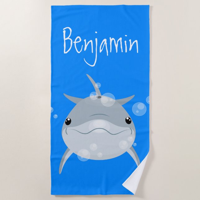 Cute happy kawaii dolphin cartoon personalised beach towel (Front)