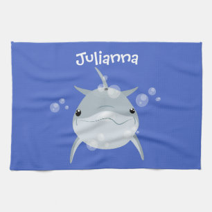 Cute happy kawaii dolphin cartoon tea towel