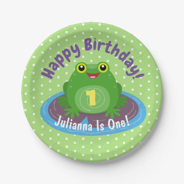 Cute happy kawaii green frog cartoon illustration paper plate (Front)