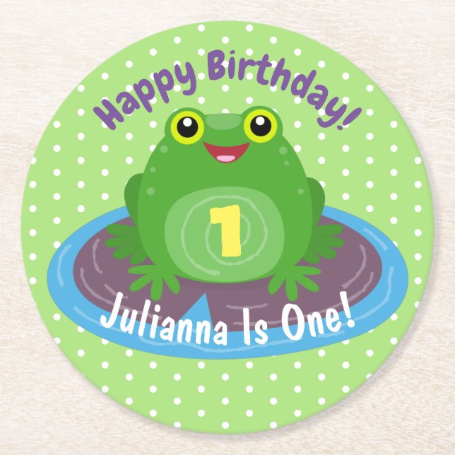Cute happy kawaii green frog cartoon illustration round paper coaster (Front)