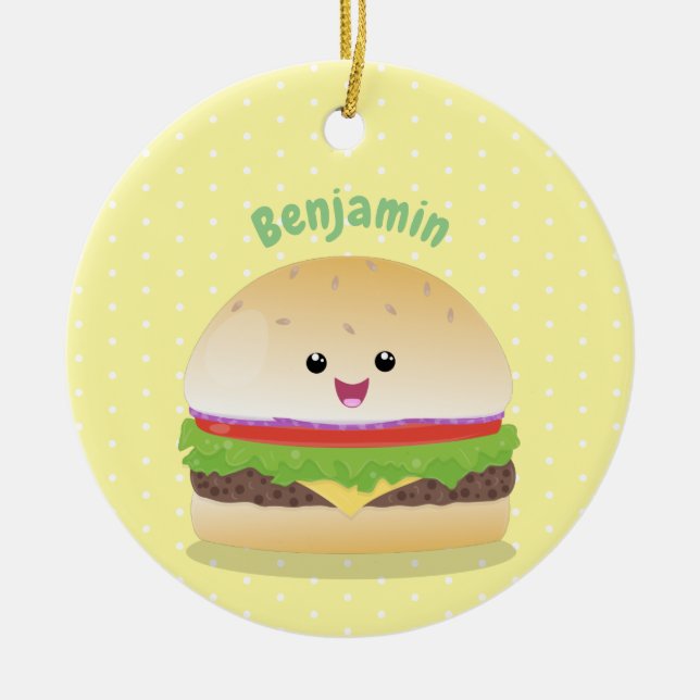 Cute happy kawaii hamburger cartoon ceramic tree decoration (Front)