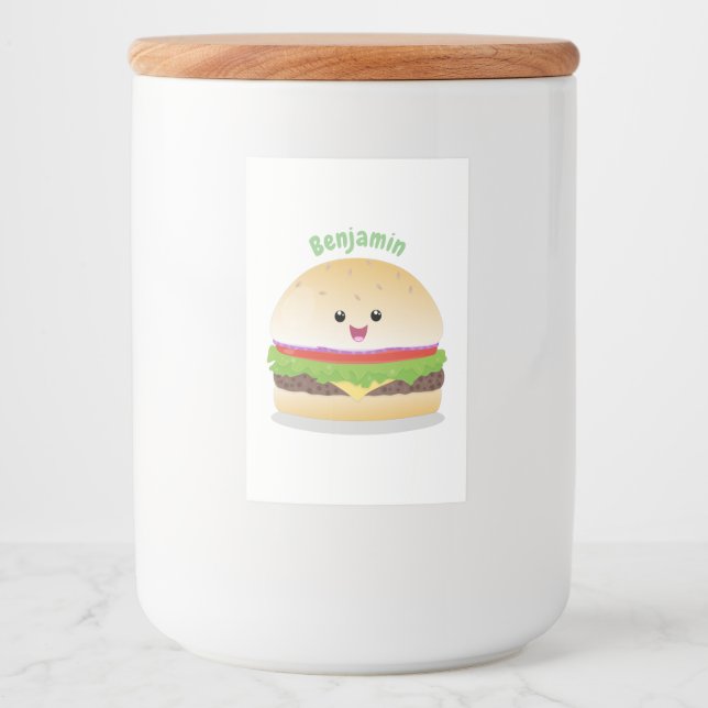 Cute happy kawaii hamburger cartoon food label (Front)