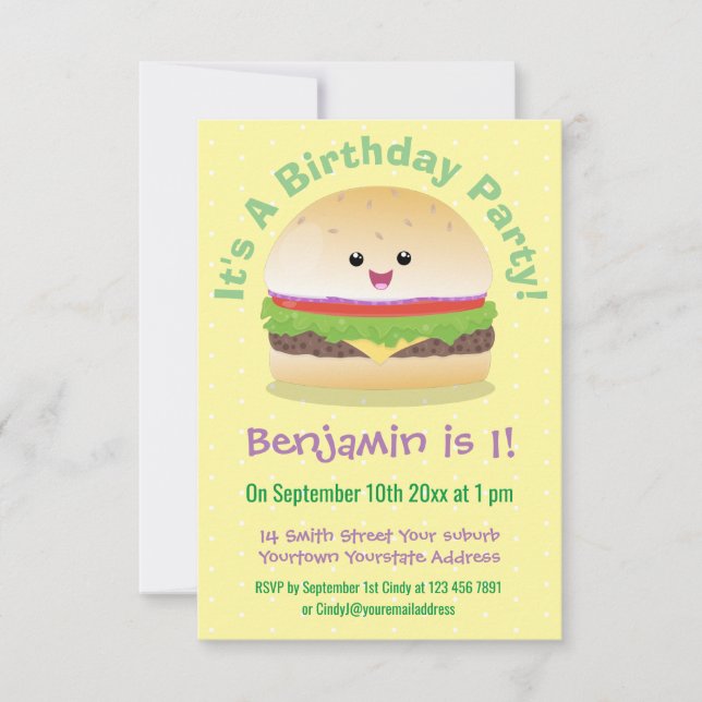 Cute happy kawaii hamburger cartoon invitation (Front)