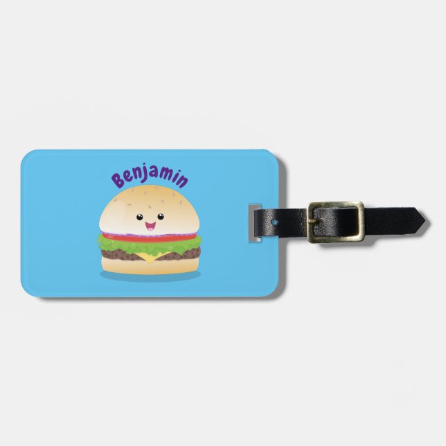 Cute happy kawaii hamburger cartoon luggage tag (Front Horizontal)