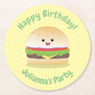 Cute happy kawaii hamburger cartoon round paper coaster