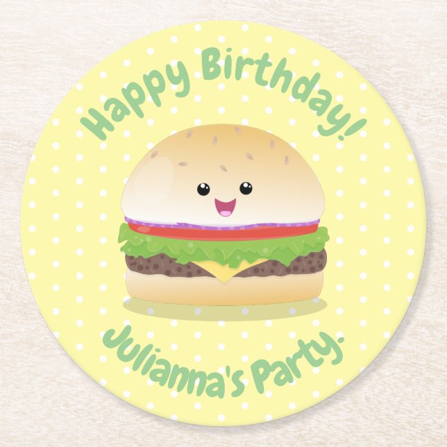 Cute happy kawaii hamburger cartoon round paper coaster (Front)