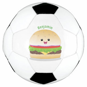 Cute happy kawaii hamburger cartoon soccer ball