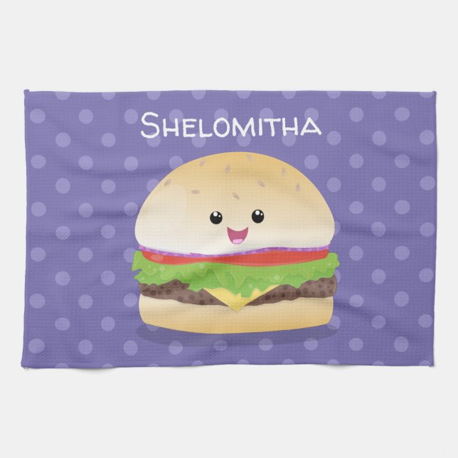 Cute happy kawaii hamburger cartoon tea towel (Horizontal)