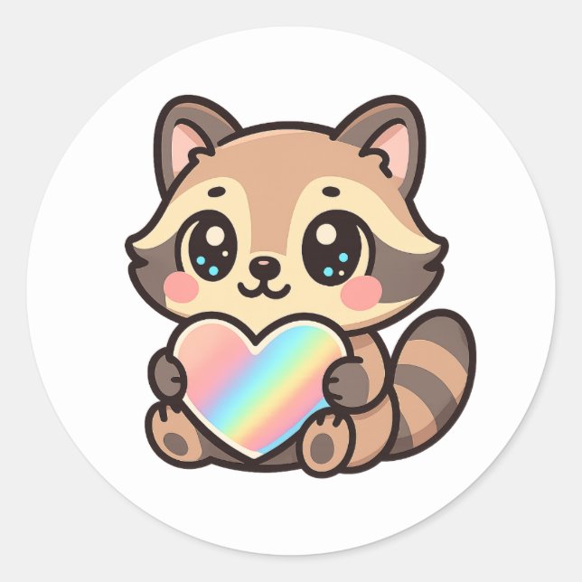 Cute Happy Kawaii Raccoon with Rainbow Heart Classic Round Sticker (Front)