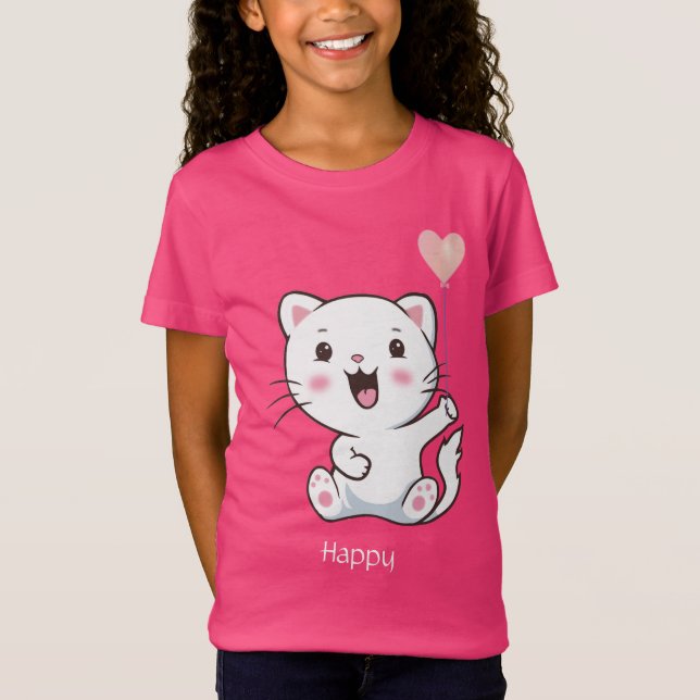 Cute Happy Kitty Cat & Heart Balloon T-Shirt (Front)