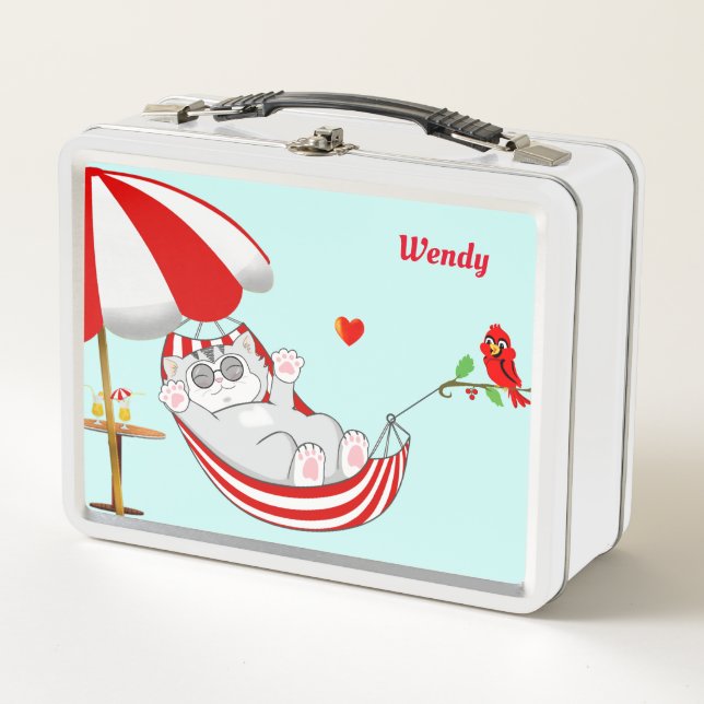 Cute Happy Kitty Cat, Heart & Red Little Bird Metal Lunch Box (Front)
