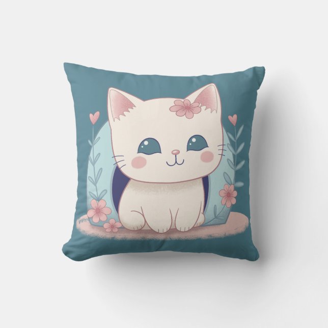 Cute, Happy Kitty with a New Home Cushion (Front)