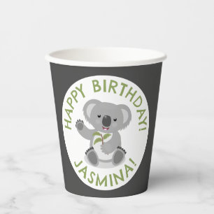 Cute happy koala personalised cartoon birthday paper cups