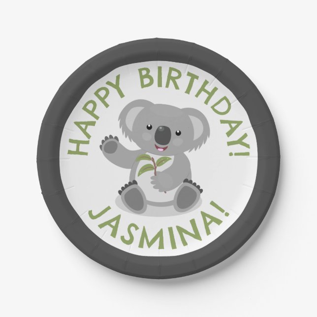Cute happy koala personalised cartoon birthday paper plate (Front)
