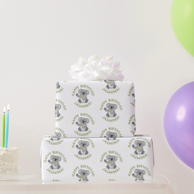 Cute happy koala personalised cartoon birthday wrapping paper (Party Gifts)
