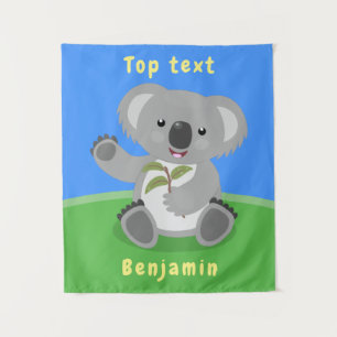 Cute happy koala waving cartoon illustration tapestry