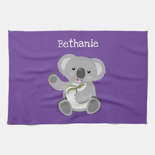 Cute happy koala waving cartoon illustration tea towel (Horizontal)