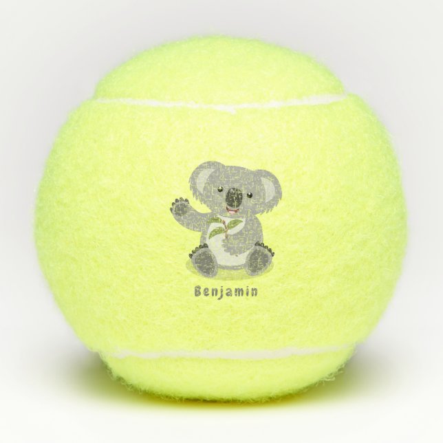 Cute happy koala waving cartoon illustration  tennis balls (Front)