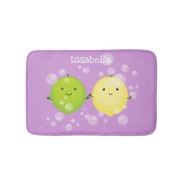 Cute happy lemon lime cartoon illustration bath mat (Front)