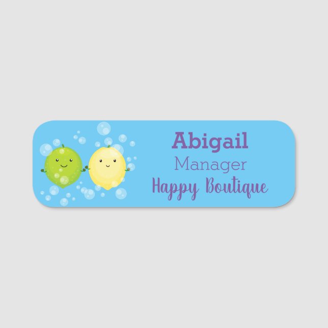 Cute happy lemon lime cartoon illustration  name tag (Front)