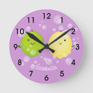 Cute happy lemon lime cartoon illustration round clock