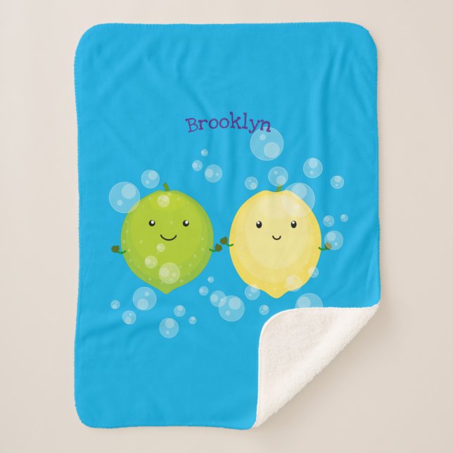 Cute happy lemon lime cartoon illustration  sherpa blanket (Front)