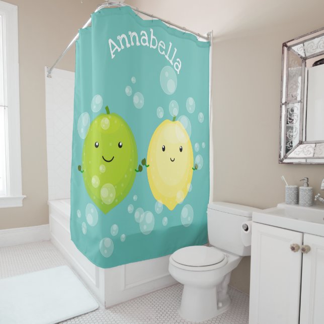 Cute happy lemon lime cartoon illustration shower curtain (In Situ)