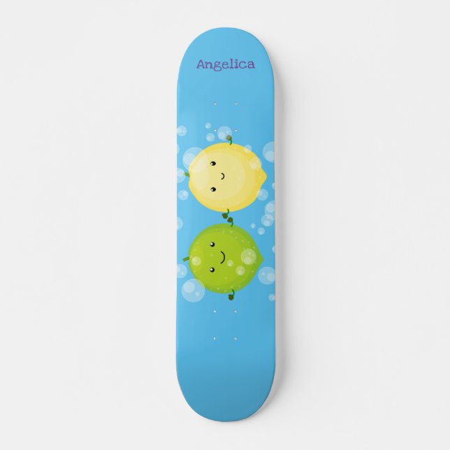 Cute happy lemon lime cartoon illustration skateboard (Front)