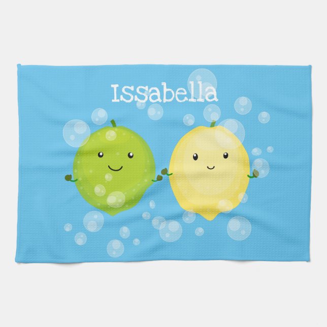 Cute happy lemon lime cartoon illustration tea towel (Horizontal)