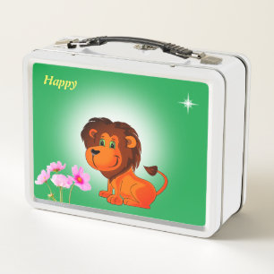 Cute happy lion, flowers and star on green metal lunch box