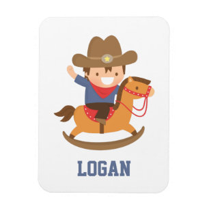 Cute Happy Little Cowboy on Rocking Horse Magnet