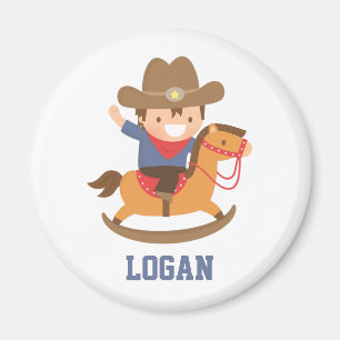 Cute Happy Little Cowboy on Rocking Horse Magnet
