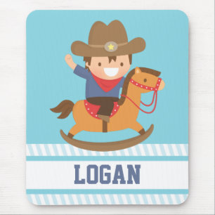 Cute Happy Little Cowboy on Rocking Horse Mouse Pad