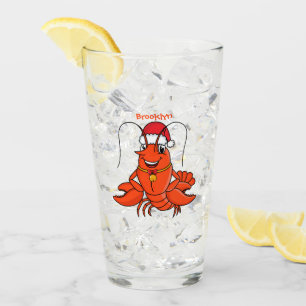 Cute happy lobster wearing Christmas hat cartoon Glass