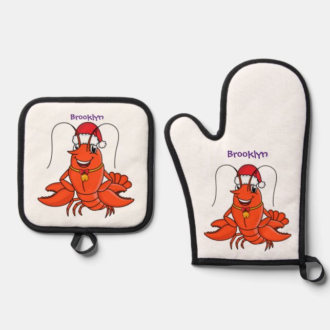Cute happy lobster wearing Christmas hat cartoon Oven Mitt & Pot Holder Set (Front)