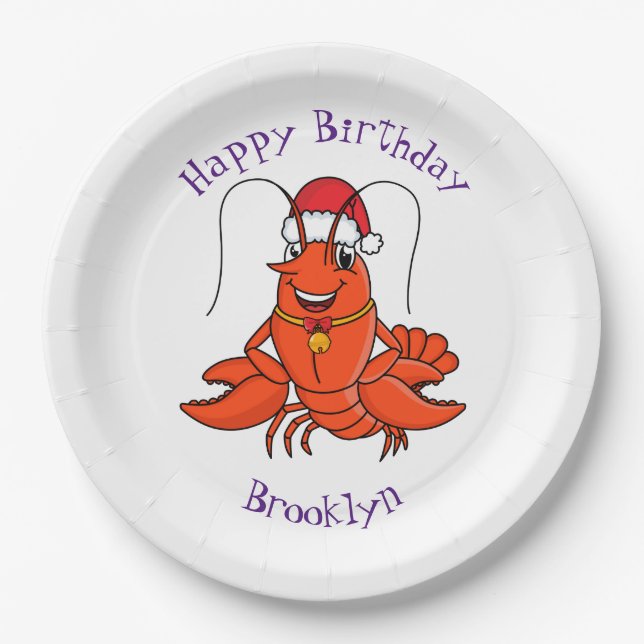 Cute happy lobster wearing Christmas hat cartoon Paper Plate (Front)